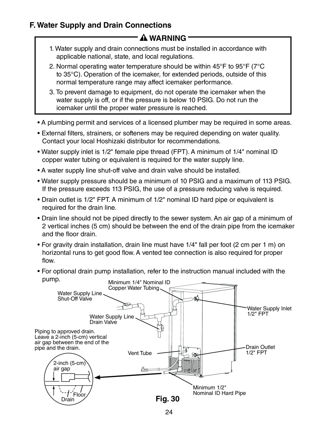 Hoshizaki AM-50BAE-ADDS, AM-50BAE-DS instruction manual F. Water Supply and Drain Connections, Fig 