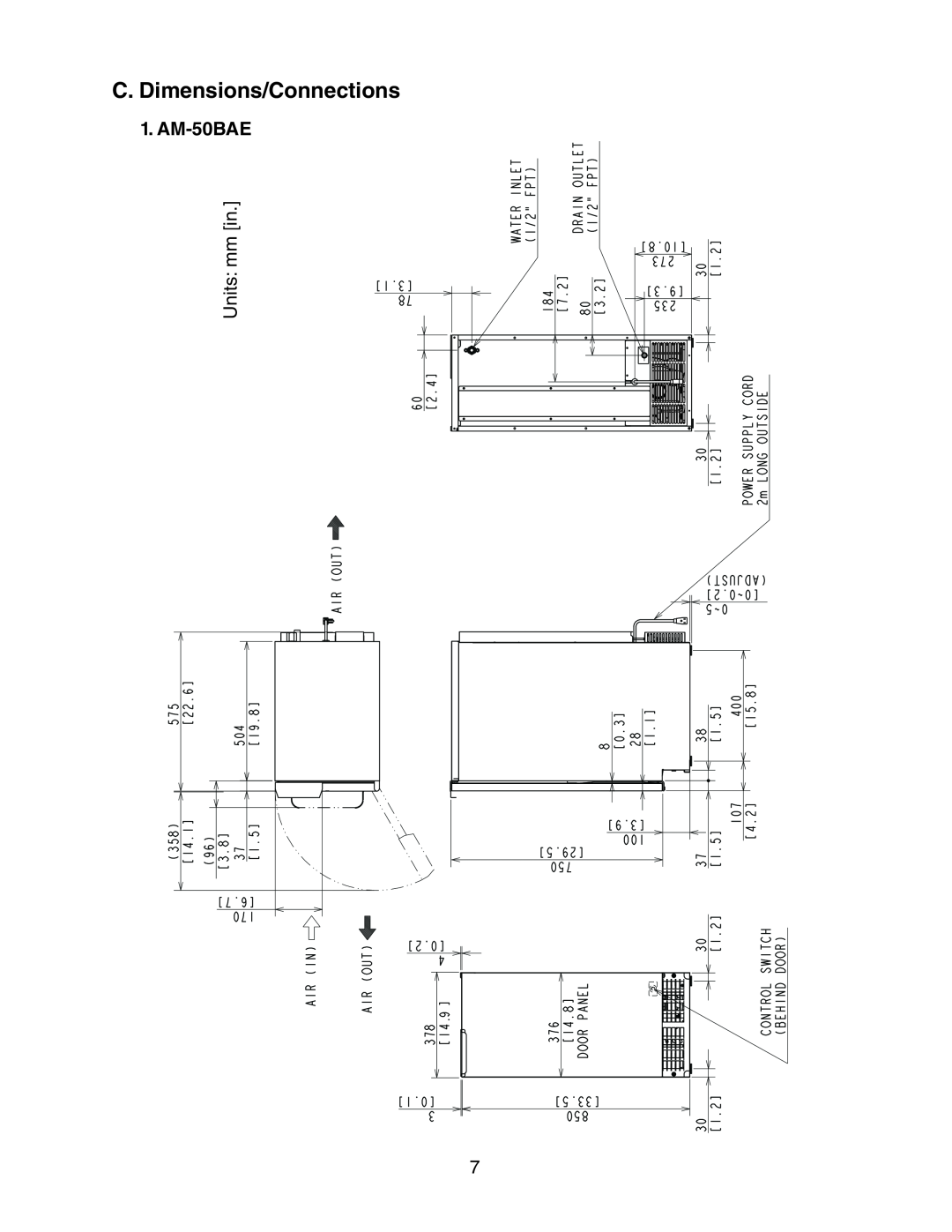 Hoshizaki AM-50BAE-ADDS, AM-50BAE-DS instruction manual C.Dimensions/Connections, 1.AM-50BAE 
