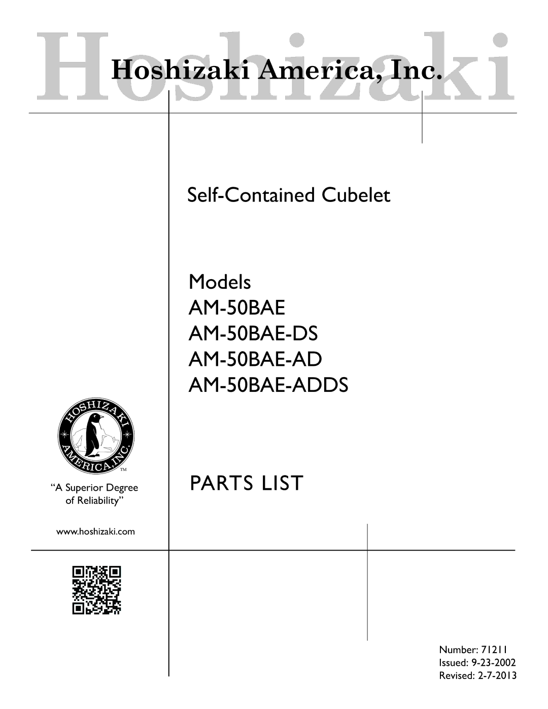 Hoshizaki manual AM-50BAE AM-50BAE-DS AM-50BAE-AD AM-50BAE-ADDS Parts List 