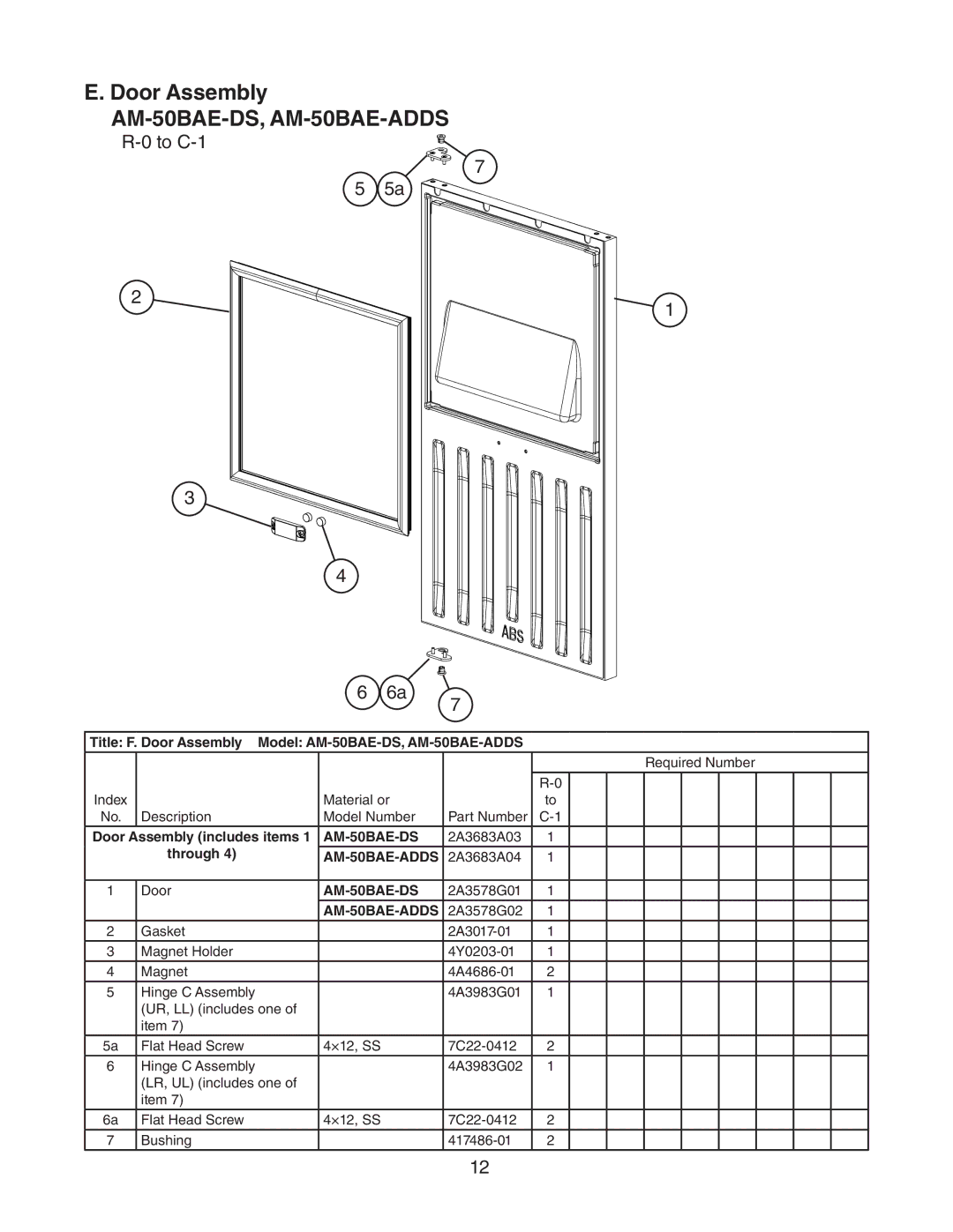 Hoshizaki manual Door Assembly AM-50BAE-DS, AM-50BAE-ADDS 