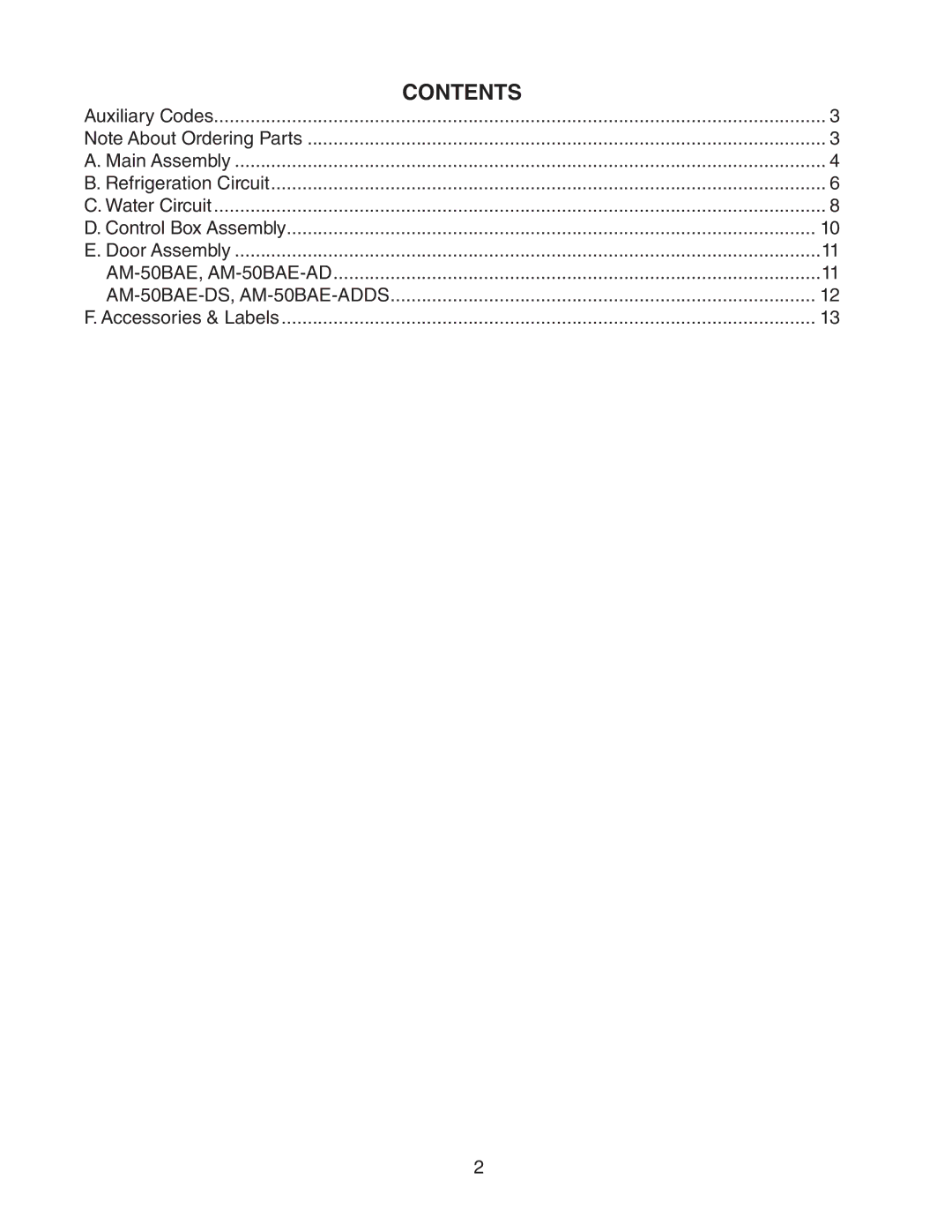 Hoshizaki AM-50BAE-ADDS, AM-50BAE-DS manual Contents 