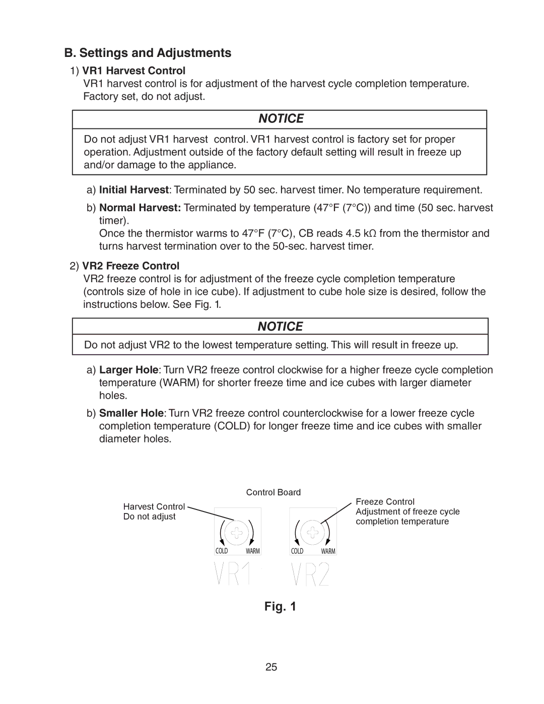 Hoshizaki AM-50BAE-ADDS, AM-50BAE-DS service manual Settings and Adjustments, VR1 Harvest Control, VR2 Freeze Control 