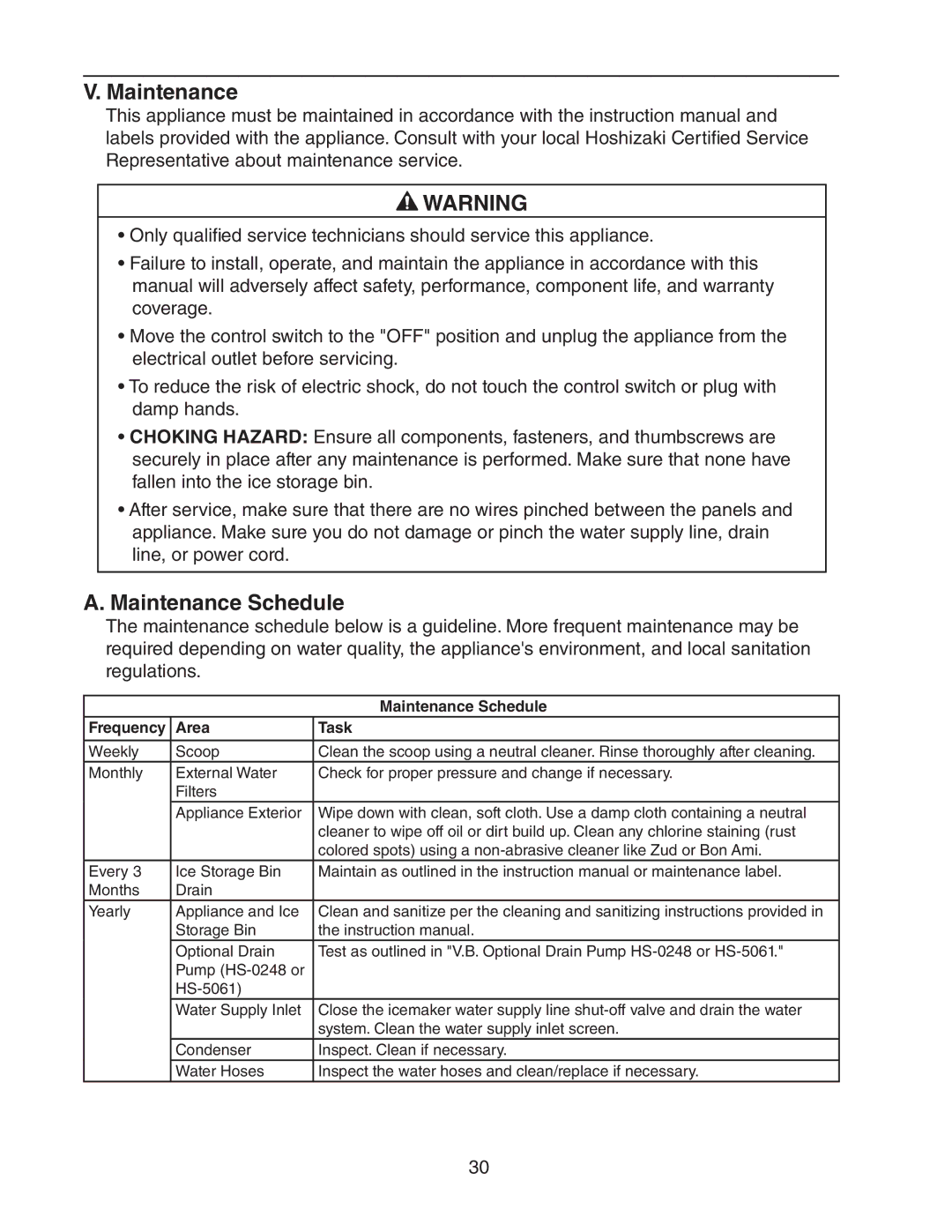 Hoshizaki AM-50BAE-ADDS, AM-50BAE-DS service manual Maintenance Schedule, Frequency Area Task 