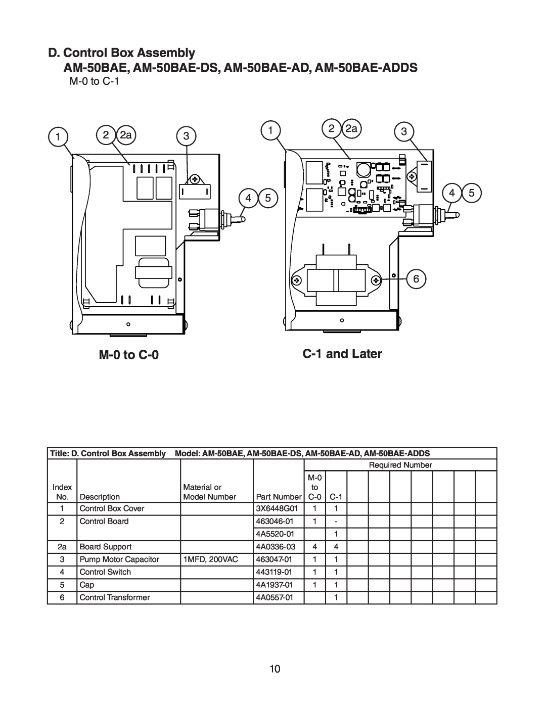Hoshizaki AM-50BAE-ADDS, AM-50BAE-DS manual D. Control Box Assembly, M-0to C-0, C-1and Later 