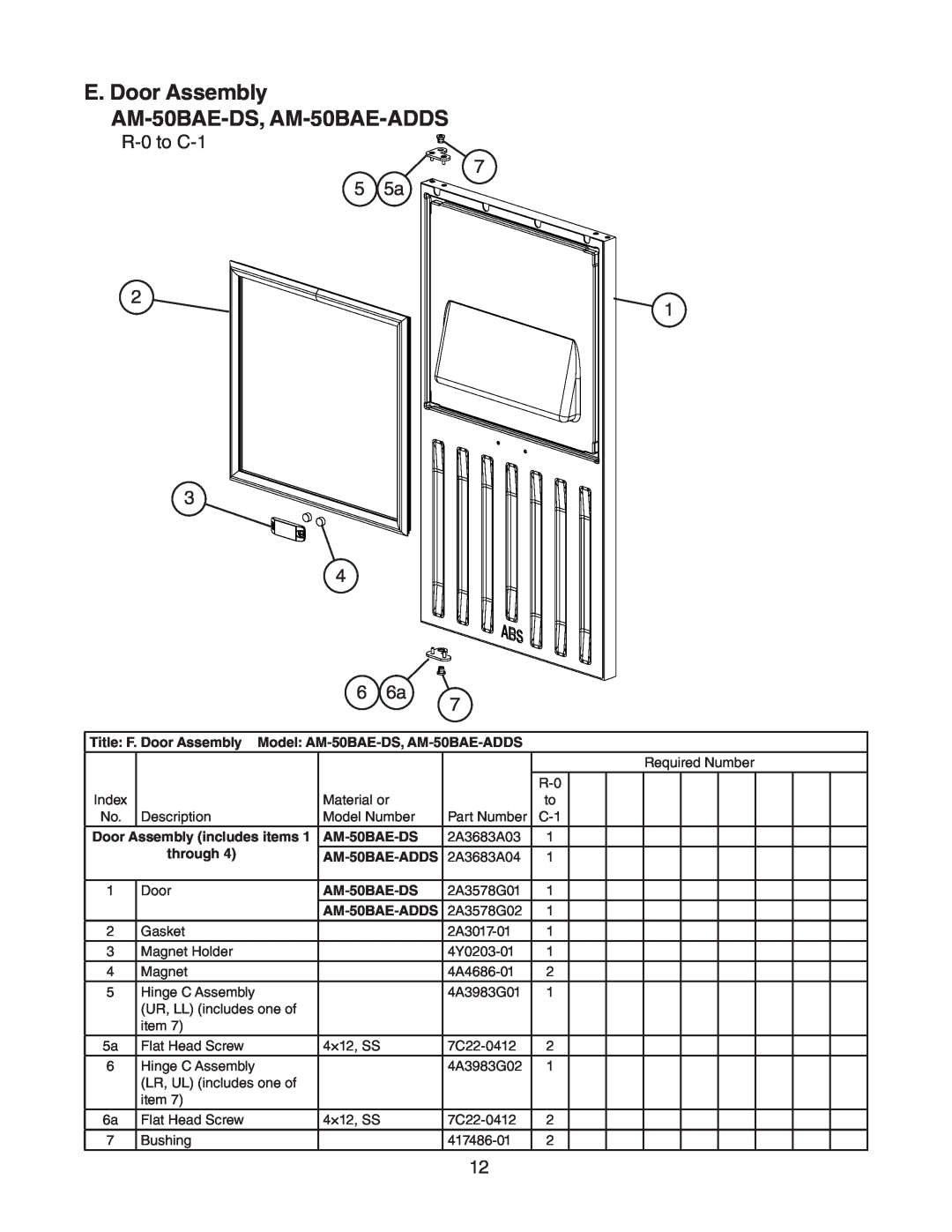 Hoshizaki manual E. Door Assembly AM-50BAE-DS, AM-50BAE-ADDS, Door Assembly includes items, through 