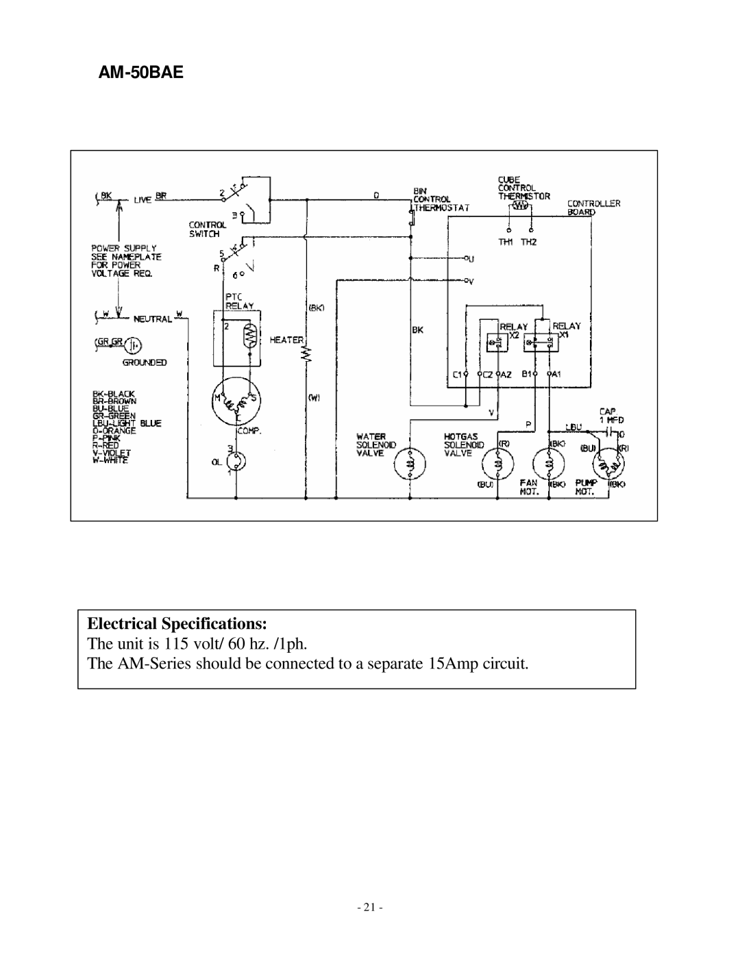 Hoshizaki AM-50BAE manual Electrical Specifications 