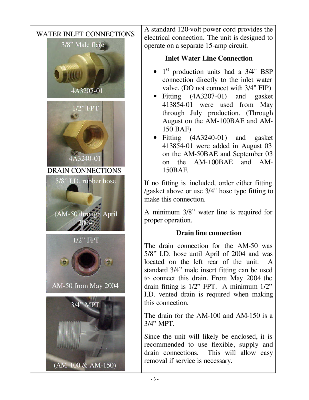 Hoshizaki AM-50BAE manual Inlet Water Line Connection, Drain line connection 