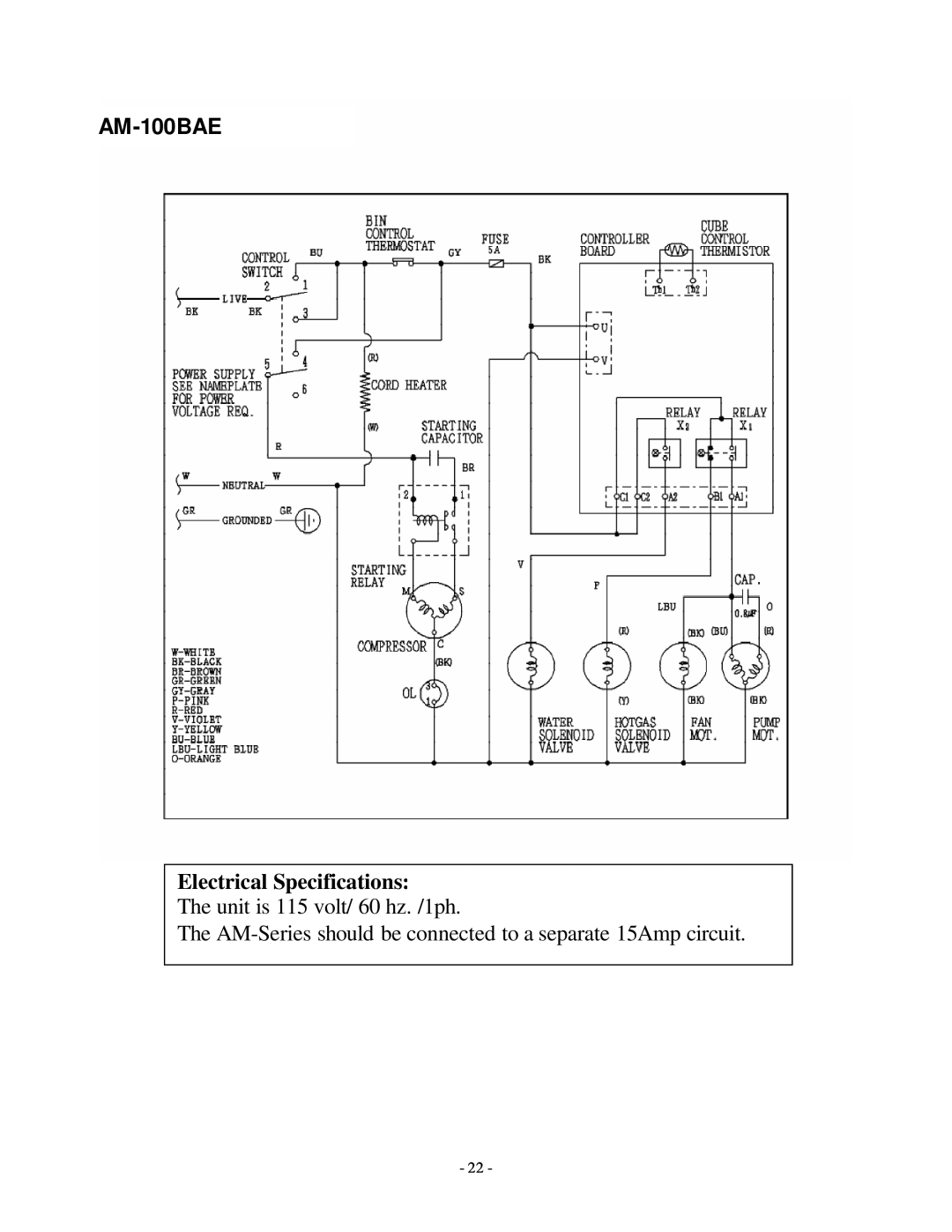 Hoshizaki AM-50BAE manual AM-100BAE, Electrical Specifications 