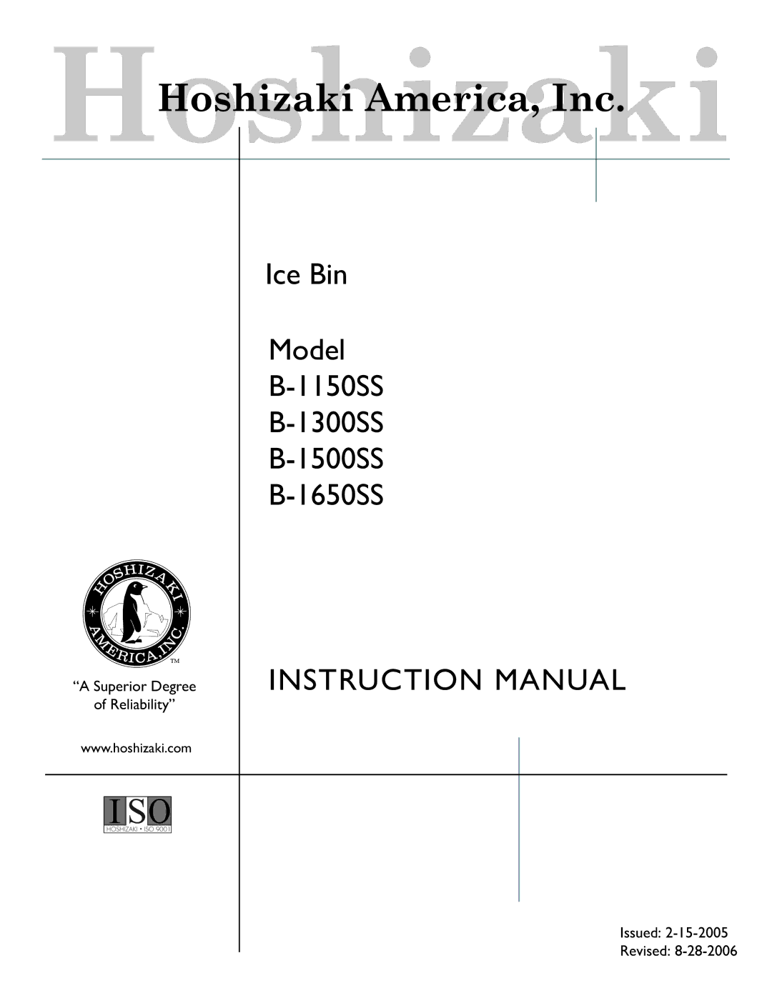 Hoshizaki B-1500SS, B-1650SS, B-1150SS, B-1300SS instruction manual Ice Bin Model 1150SS 1300SS 1500SS 1650SS 