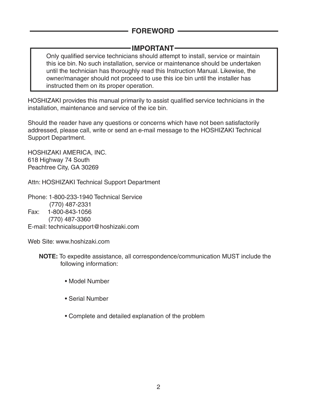 Hoshizaki B-1150SS, B-1650SS, B-1500SS, B-1300SS instruction manual Foreword 