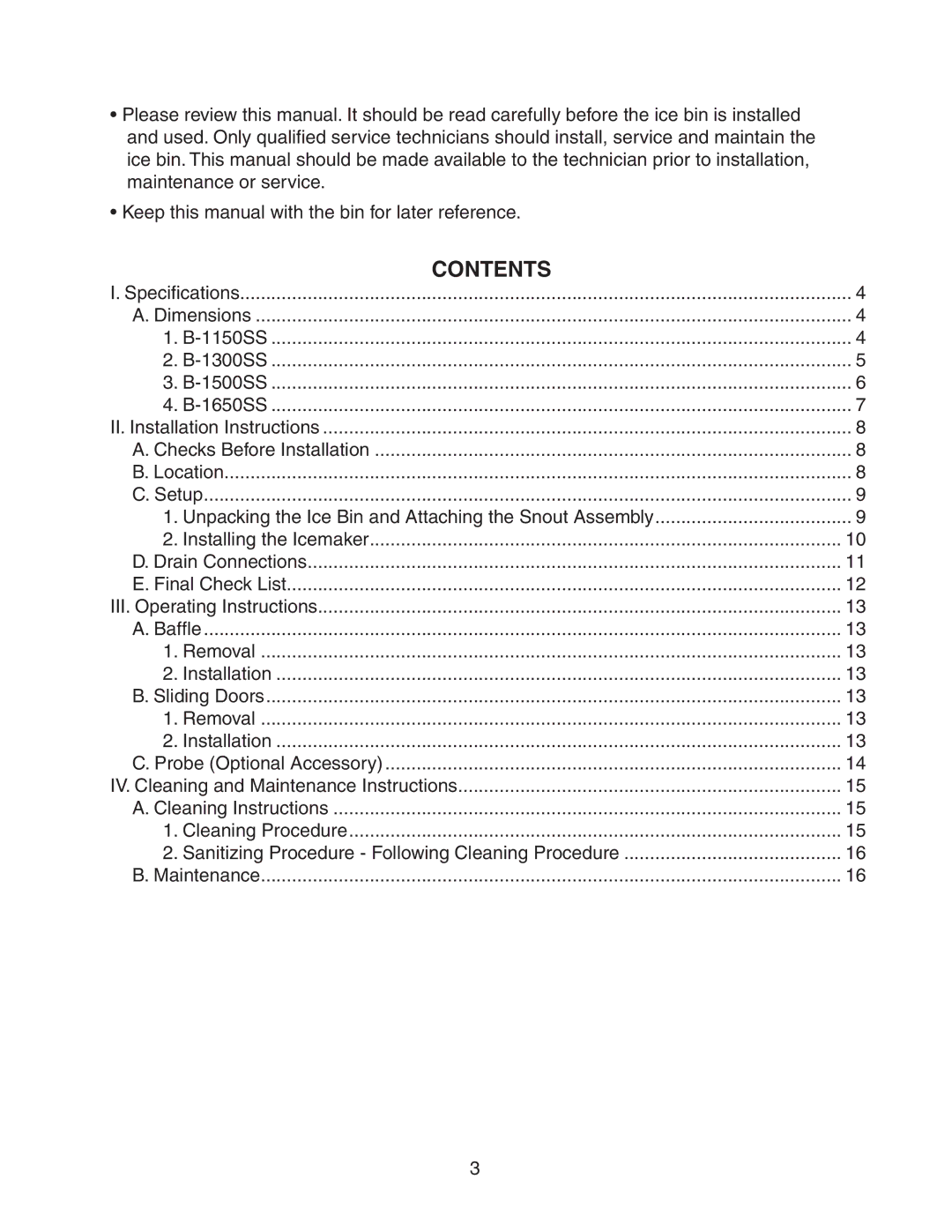 Hoshizaki B-1300SS, B-1650SS, B-1500SS, B-1150SS instruction manual Contents 