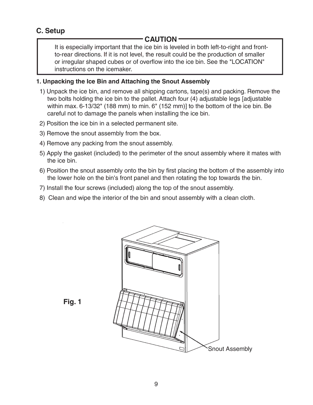 Hoshizaki B-1500SS, B-1650SS, B-1150SS, B-1300SS Setup, Unpacking the Ice Bin and Attaching the Snout Assembly 