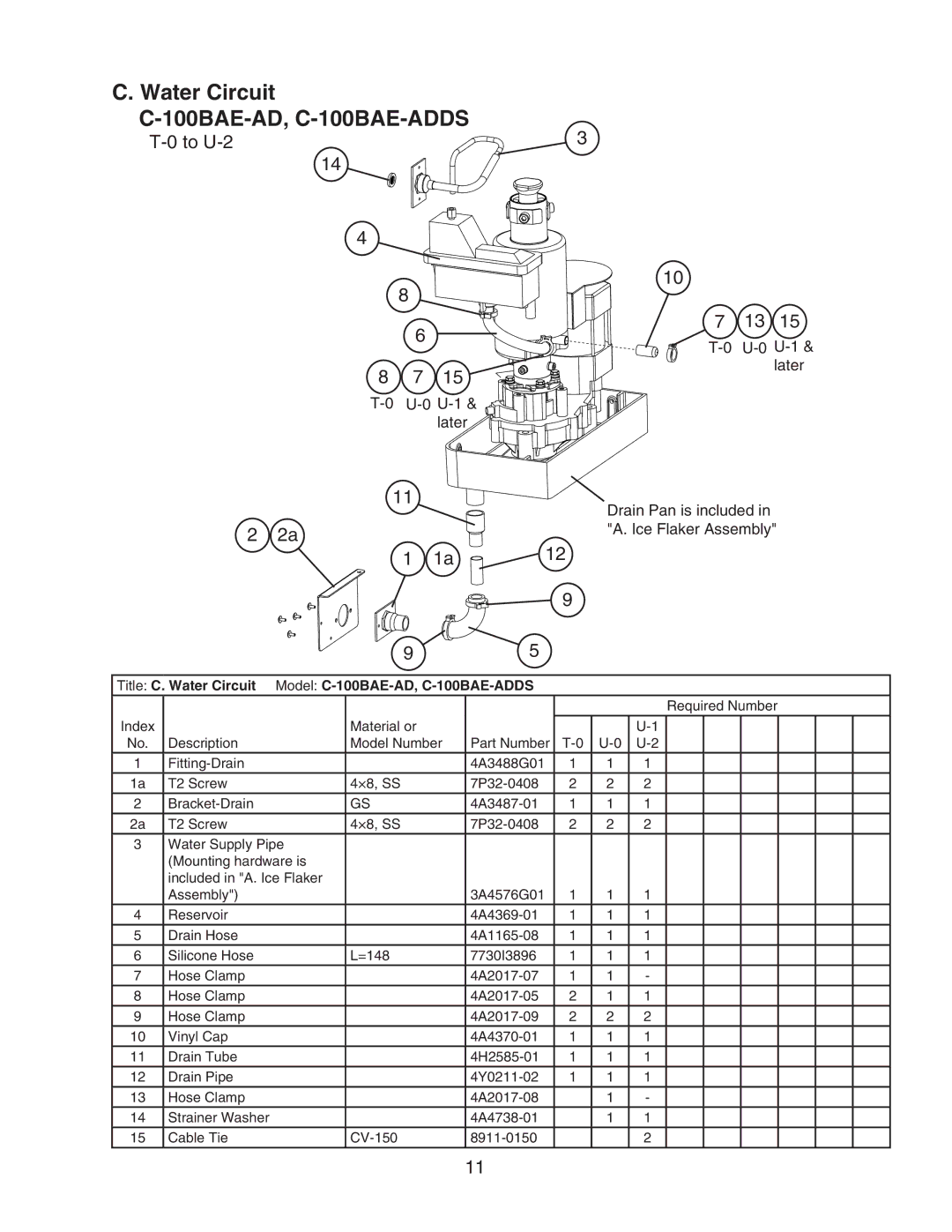 Hoshizaki manual To U-2, Title C. Water Circuit Model C-100BAE-AD, C-100BAE-ADDS 