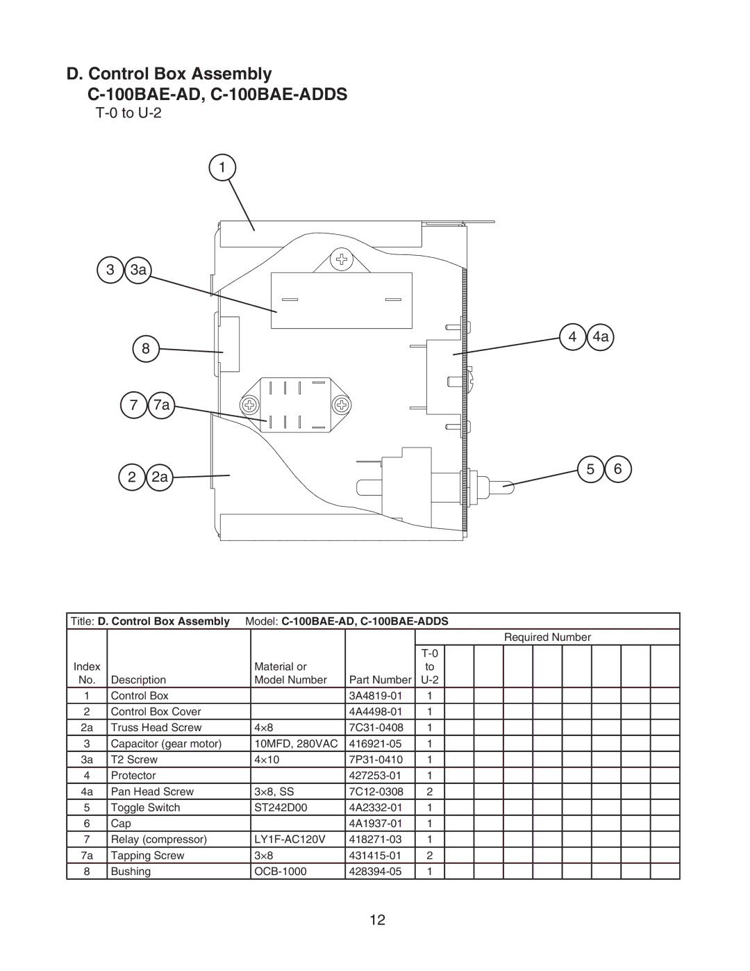 Hoshizaki manual Control Box Assembly C-100BAE-AD, C-100BAE-ADDS 