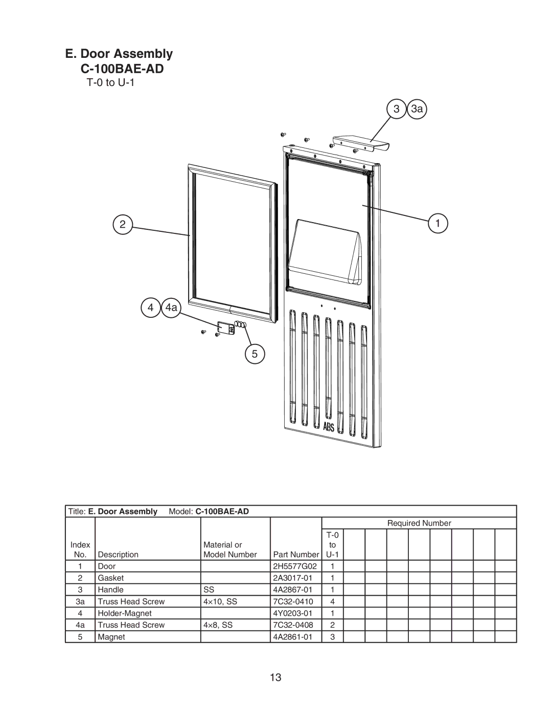 Hoshizaki C-100BAE-ADDS manual To U-1, Title E. Door Assembly Model C-100BAE-AD 