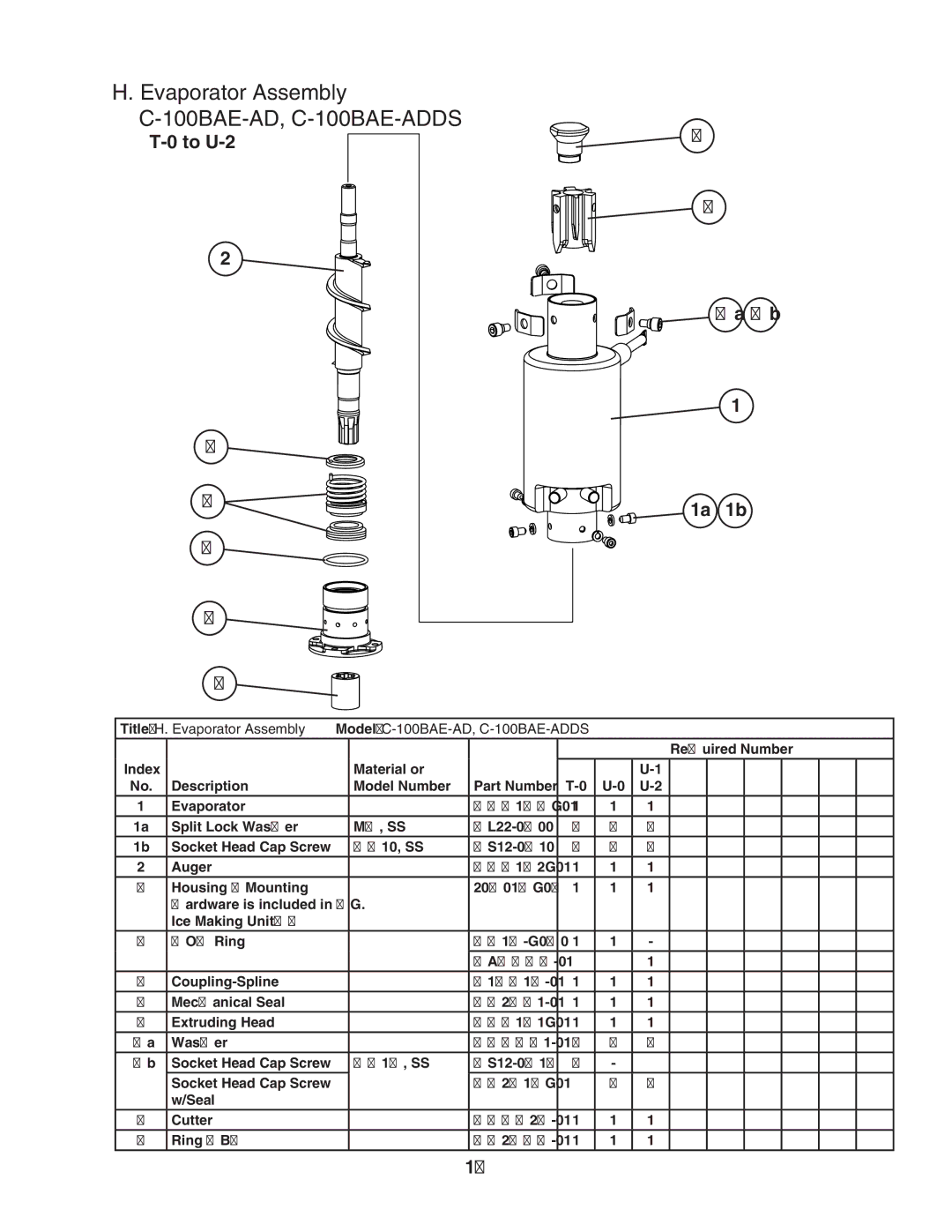 Hoshizaki manual Evaporator Assembly C-100BAE-AD, C-100BAE-ADDS, To U-2 7a 7b 1a 1b 