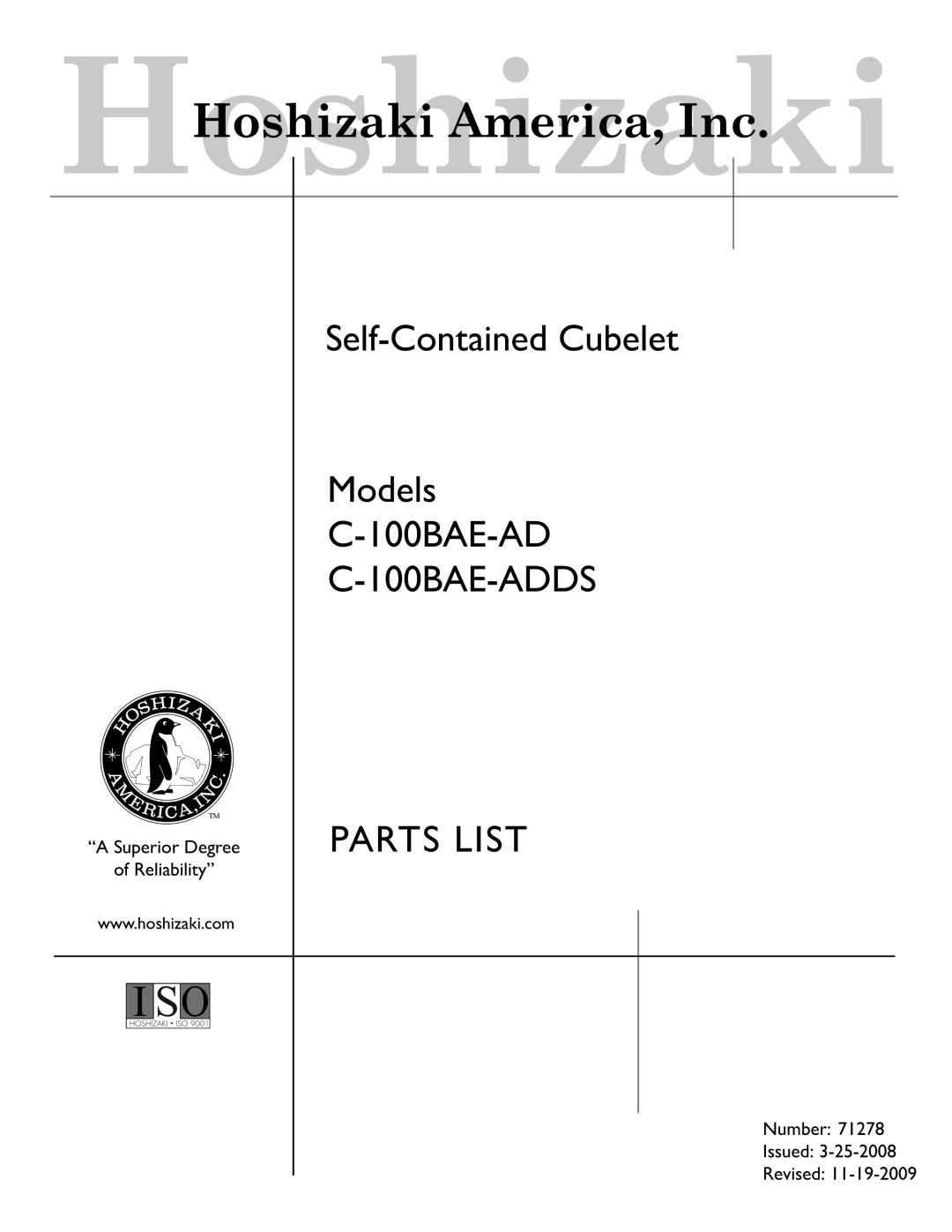 Hoshizaki manual Self-Contained Cubelet Models C-100BAE-AD C-100BAE-ADDS, Parts List, HoshizakiHoshizaki America, Inc 