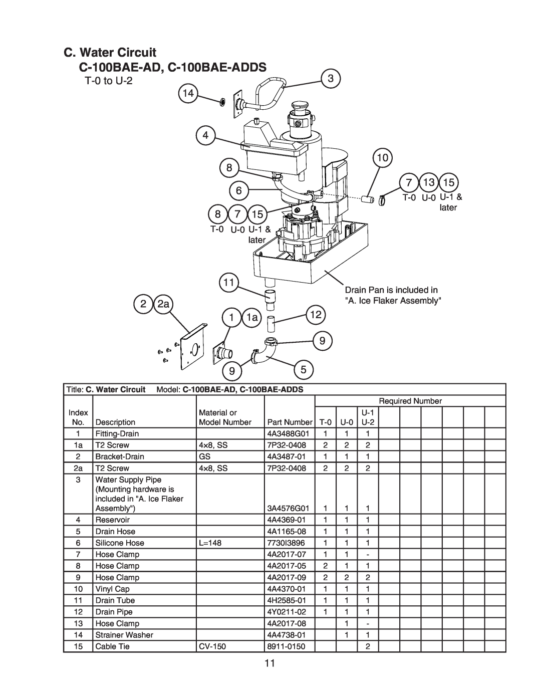 Hoshizaki manual C. Water Circuit C-100BAE-AD, C-100BAE-ADDS, Title C. Water Circuit Model C-100BAE-AD, C-100BAE-ADDS 