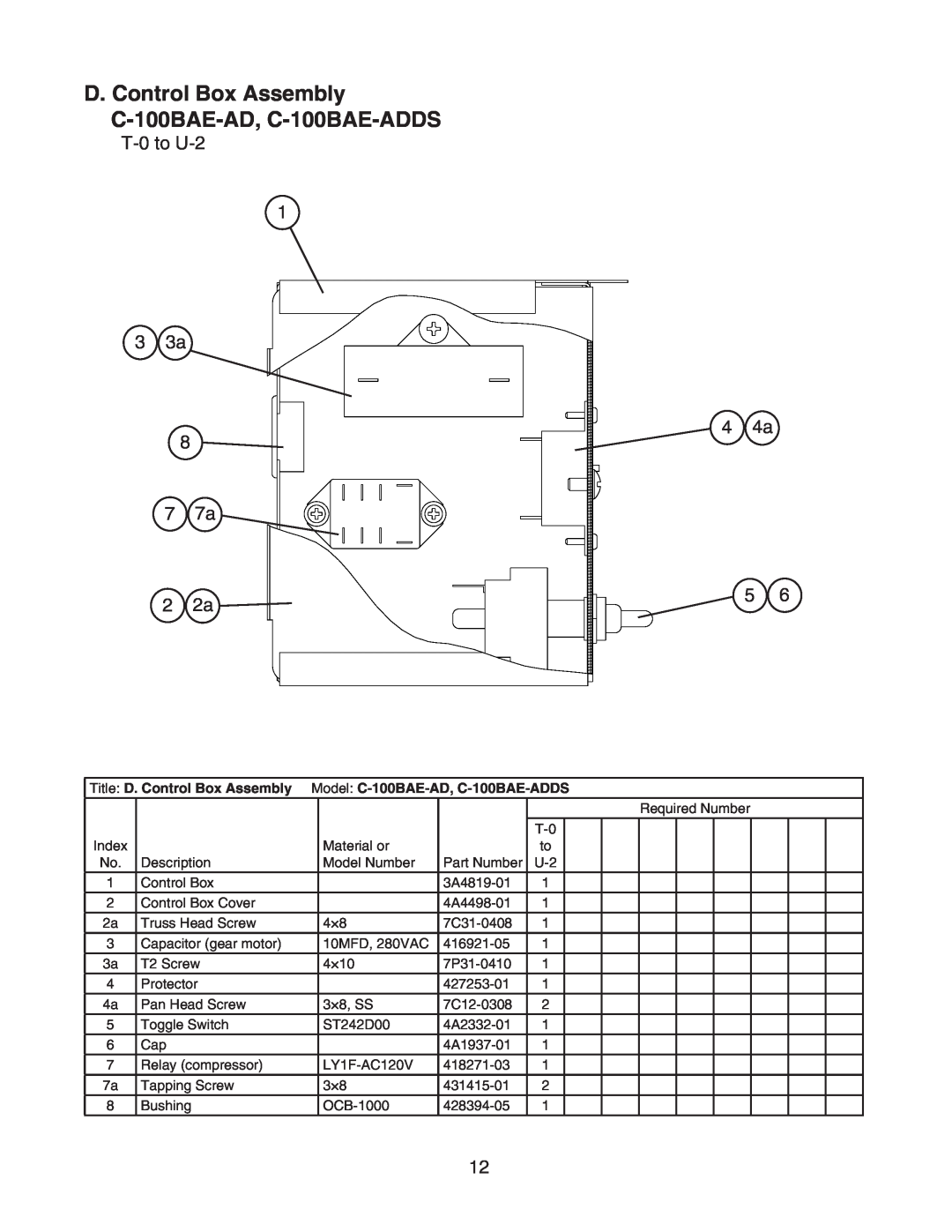 Hoshizaki manual D. Control Box Assembly C-100BAE-AD, C-100BAE-ADDS, T-0 to U-2, 3 3a, 7 7a 2 2a 