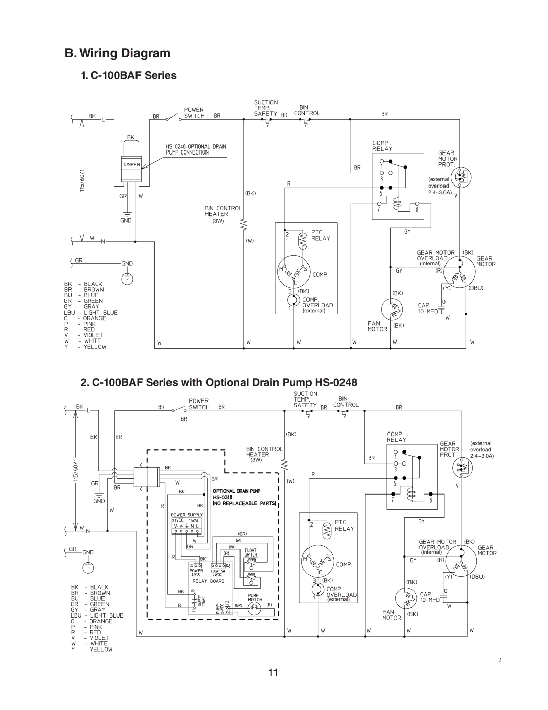 Hoshizaki C-100BAF-ADDS service manual Wiring Diagram, 100BAF Series with Optional Drain Pump HS-0248 