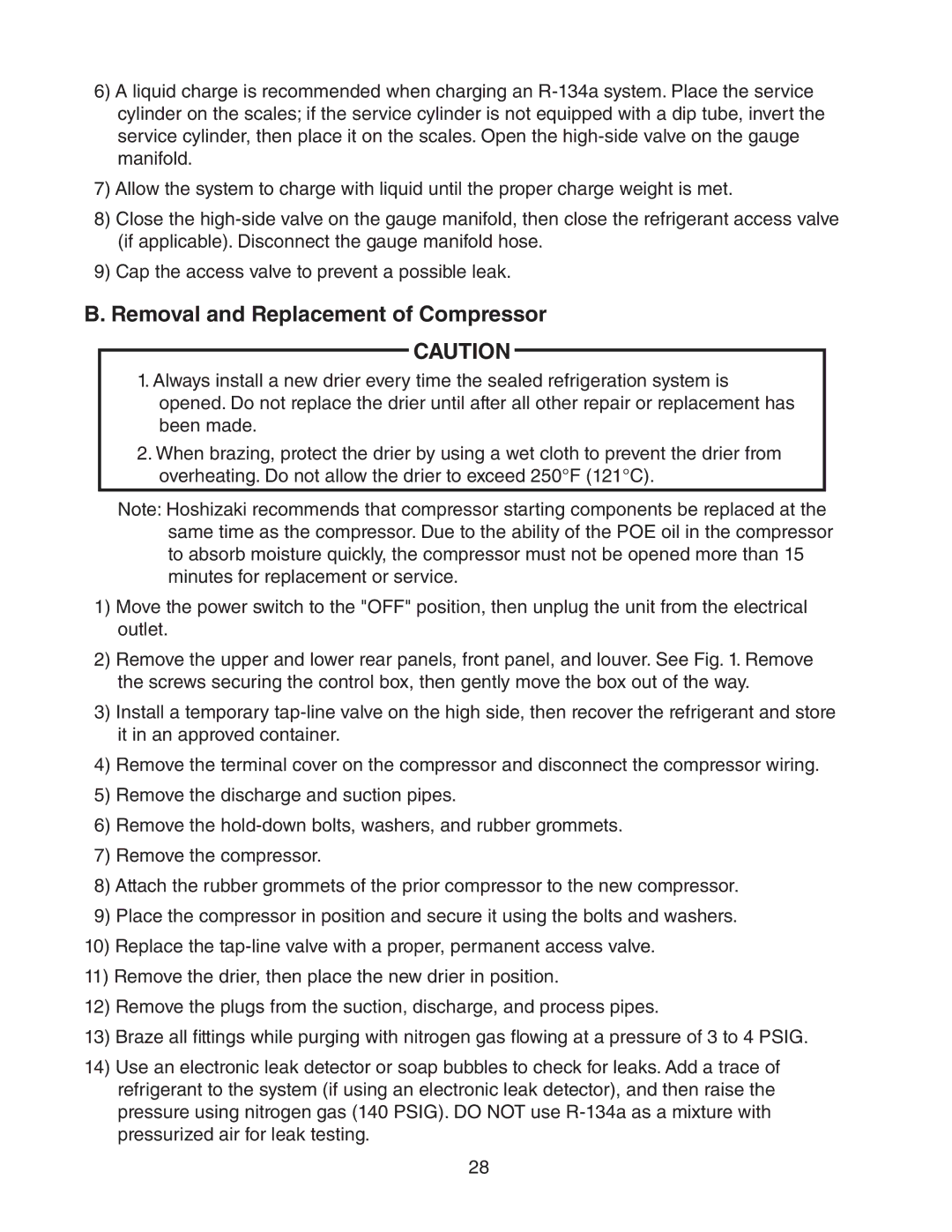 Hoshizaki C-100BAF-ADDS service manual Removal and Replacement of Compressor 