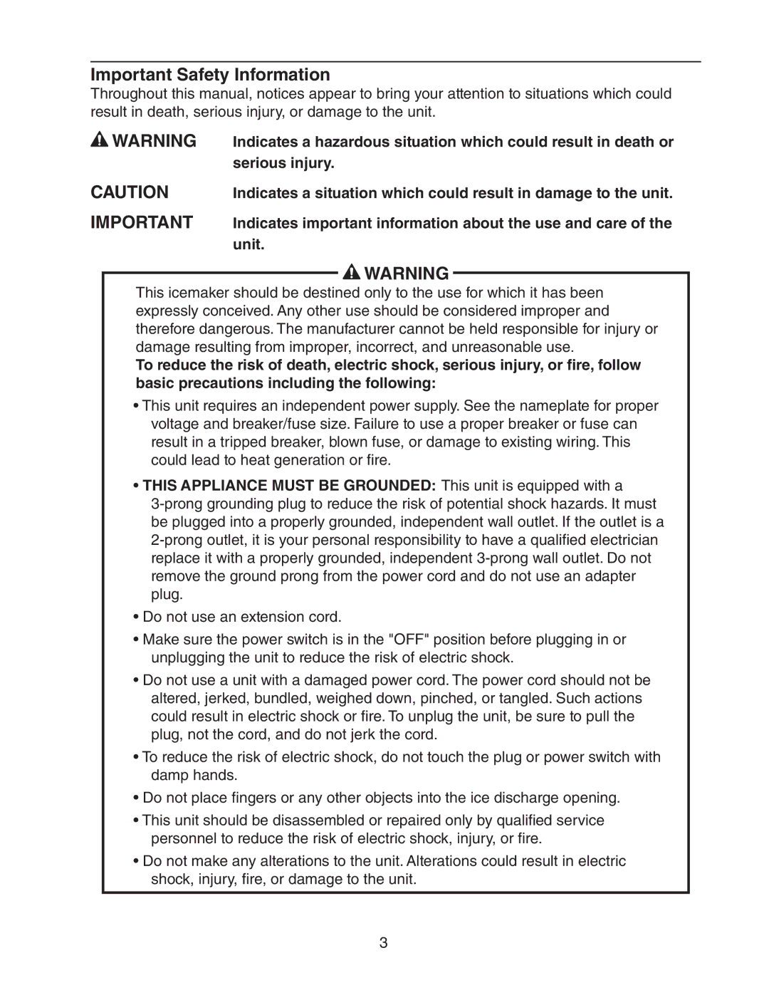 Hoshizaki C-100BAF-AD Important Safety Information, Serious injury, Indicates important information about the use and care 