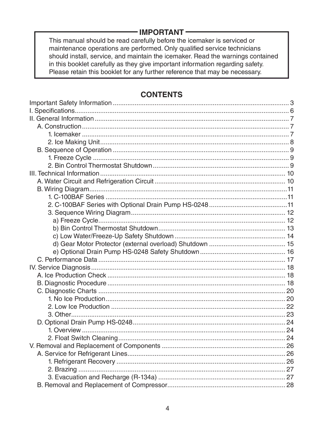 Hoshizaki C-100BAF-ADDS service manual Contents 