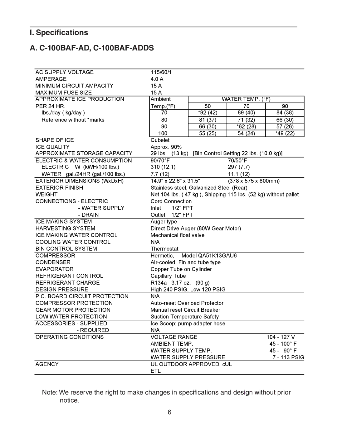 Hoshizaki service manual Specifications, 100BAF-AD, C-100BAF-ADDS 