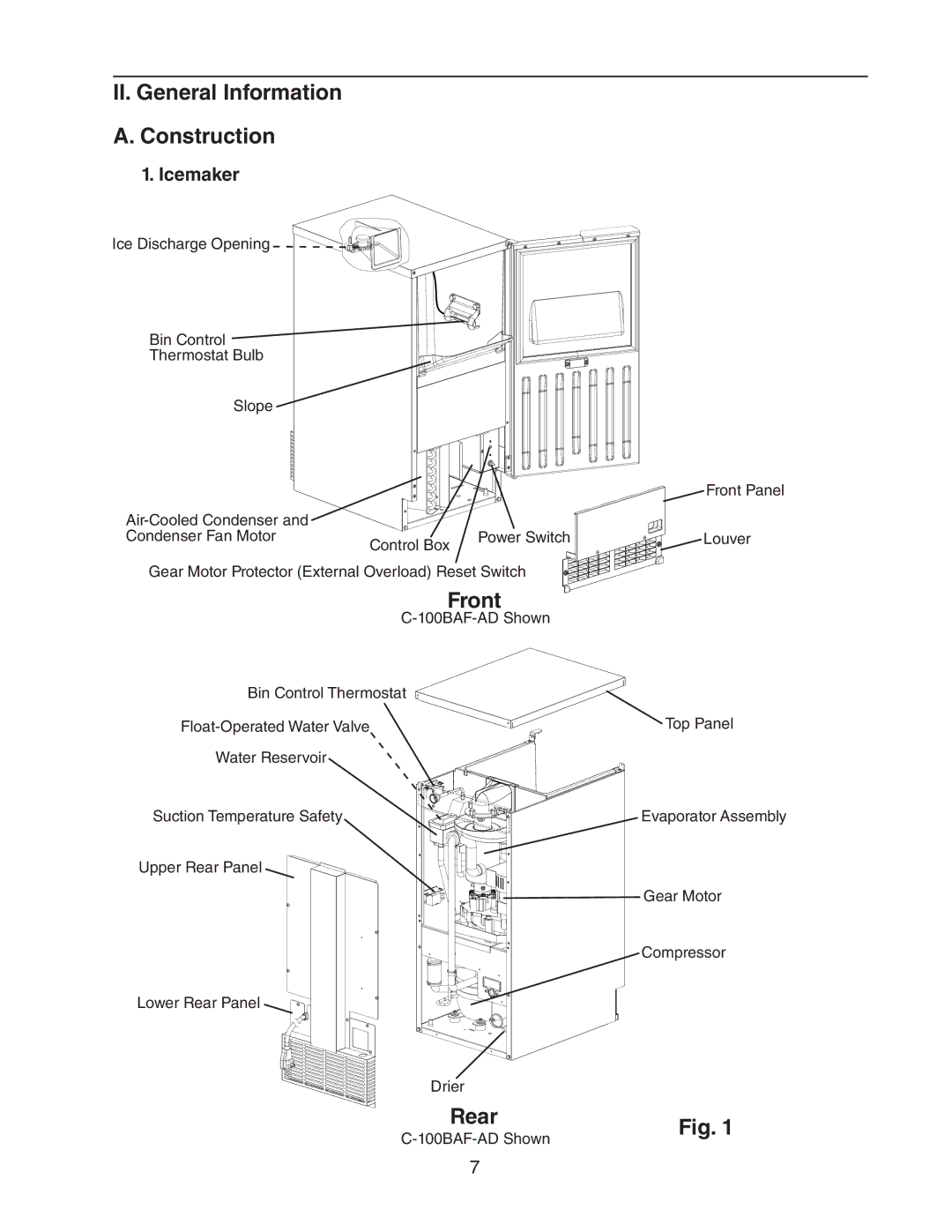 Hoshizaki C-100BAF-ADDS service manual II. General Information Construction, Front, Icemaker 