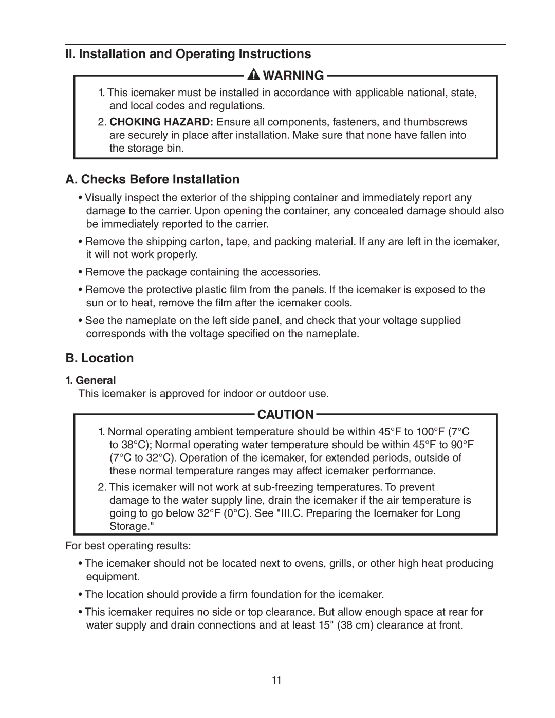 Hoshizaki C-100BAF-DS II. Installation and Operating Instructions, Checks Before Installation, Location, General 