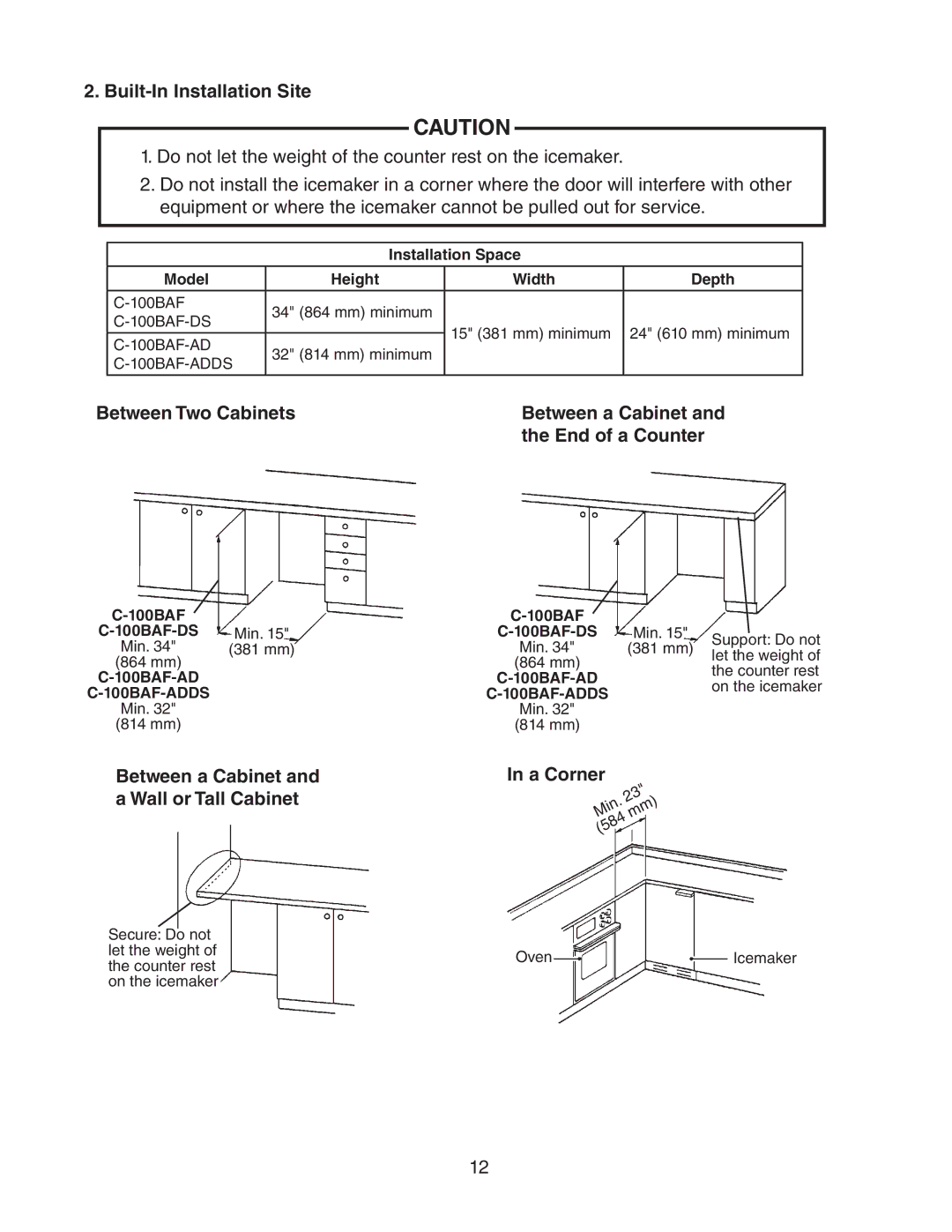 Hoshizaki C-100BAF-DS Built-In Installation Site, Between a Cabinet and a Wall or Tall Cabinet, A Corner 