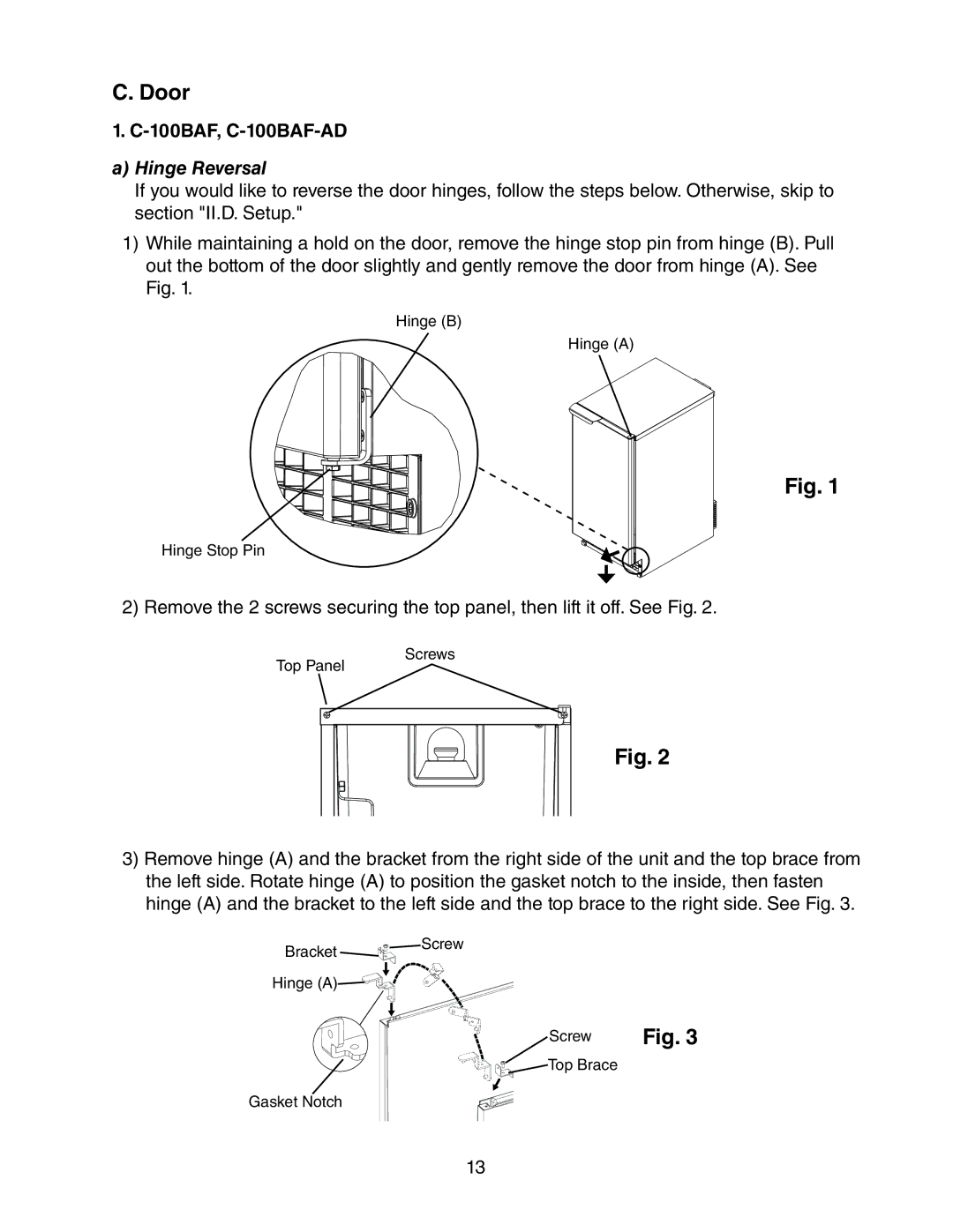 Hoshizaki C-100BAF-DS instruction manual Door, 100BAF, C-100BAF-AD, Hinge Reversal 