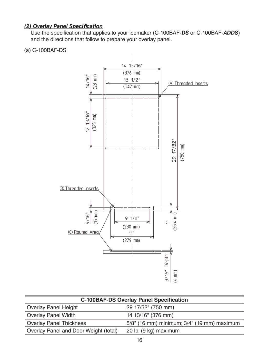 Hoshizaki C-100BAF-DS instruction manual 100BAF-DS Overlay Panel Specification 