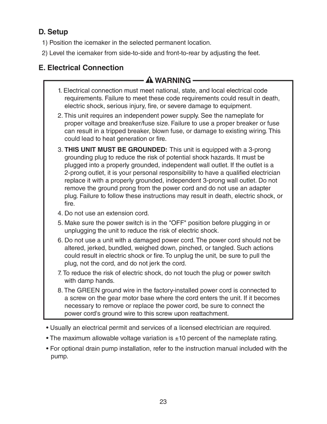 Hoshizaki C-100BAF-DS instruction manual Setup, Electrical Connection 