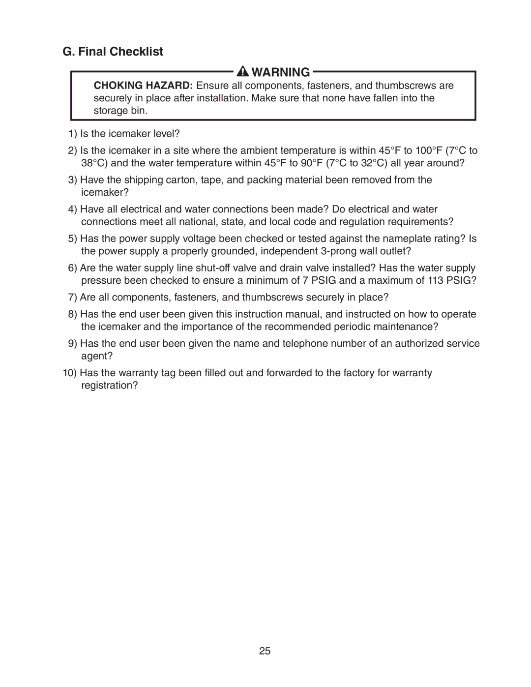 Hoshizaki C-100BAF-DS instruction manual Final Checklist 