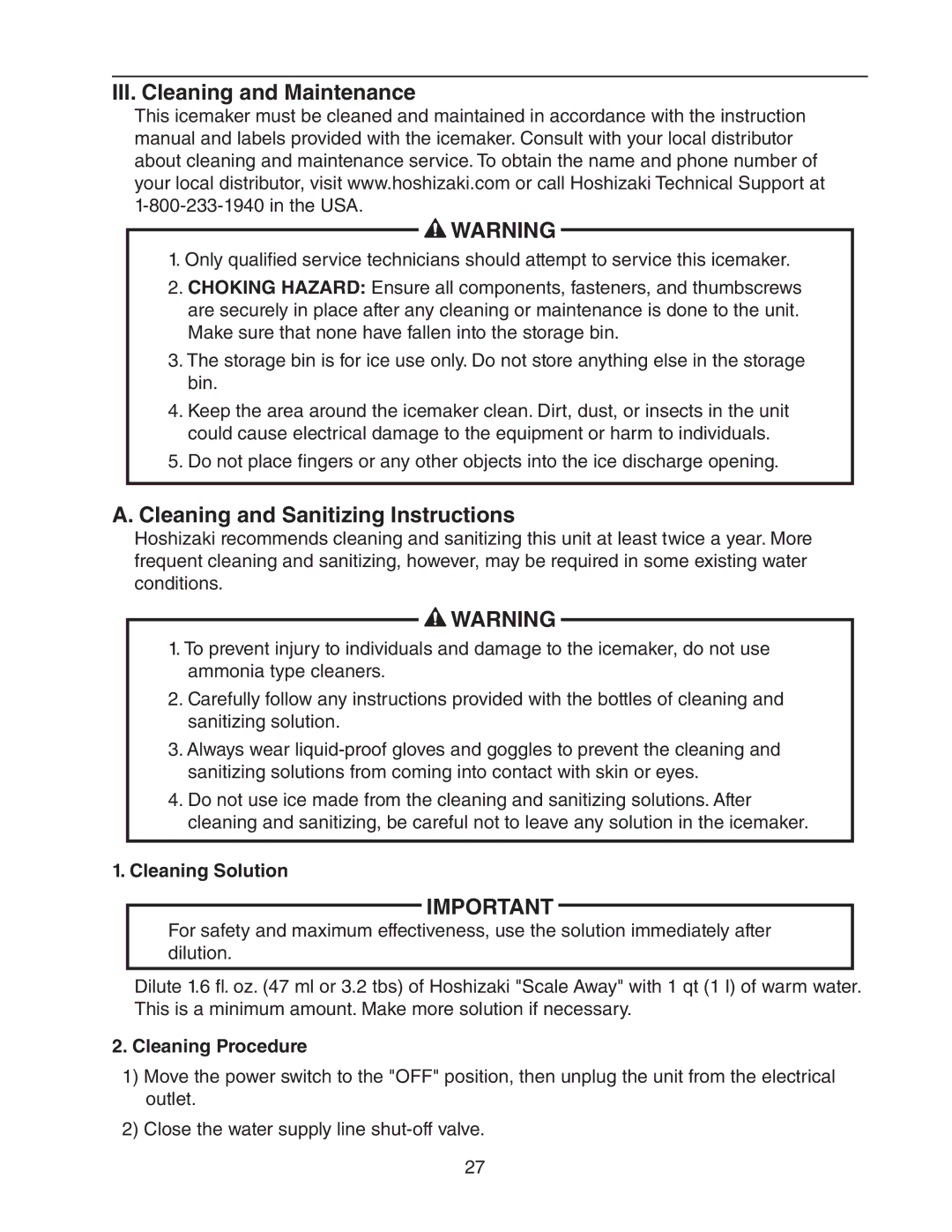 Hoshizaki C-100BAF-DS III. Cleaning and Maintenance, Cleaning and Sanitizing Instructions, Cleaning Solution 