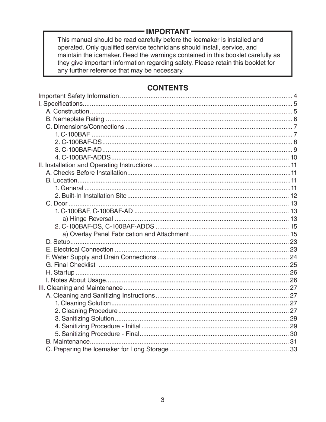 Hoshizaki C-100BAF-DS instruction manual Contents 