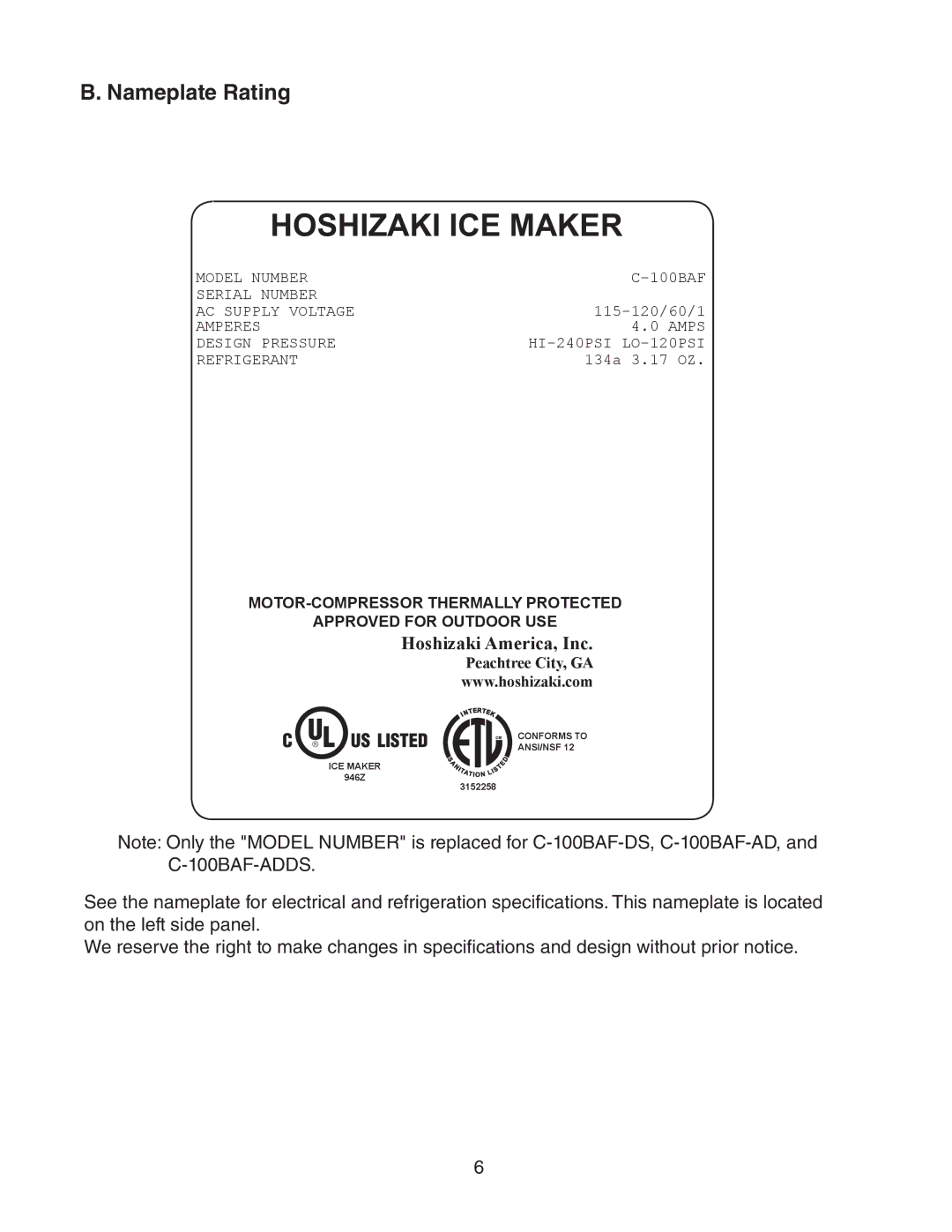 Hoshizaki C-100BAF-DS instruction manual Hoshizaki ICE Maker, Nameplate Rating 