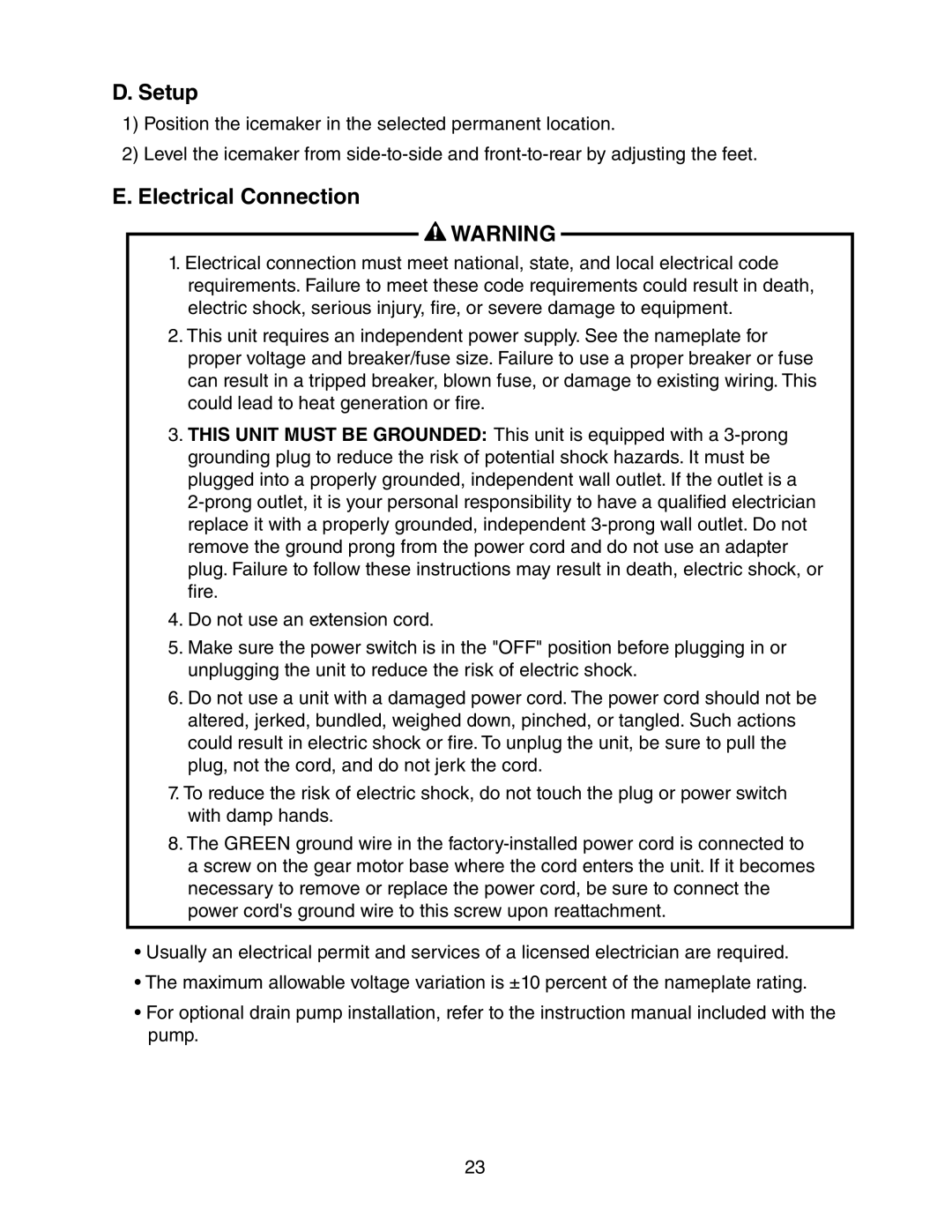 Hoshizaki C-100BAF-DS instruction manual D. Setup, E. Electrical Connection 
