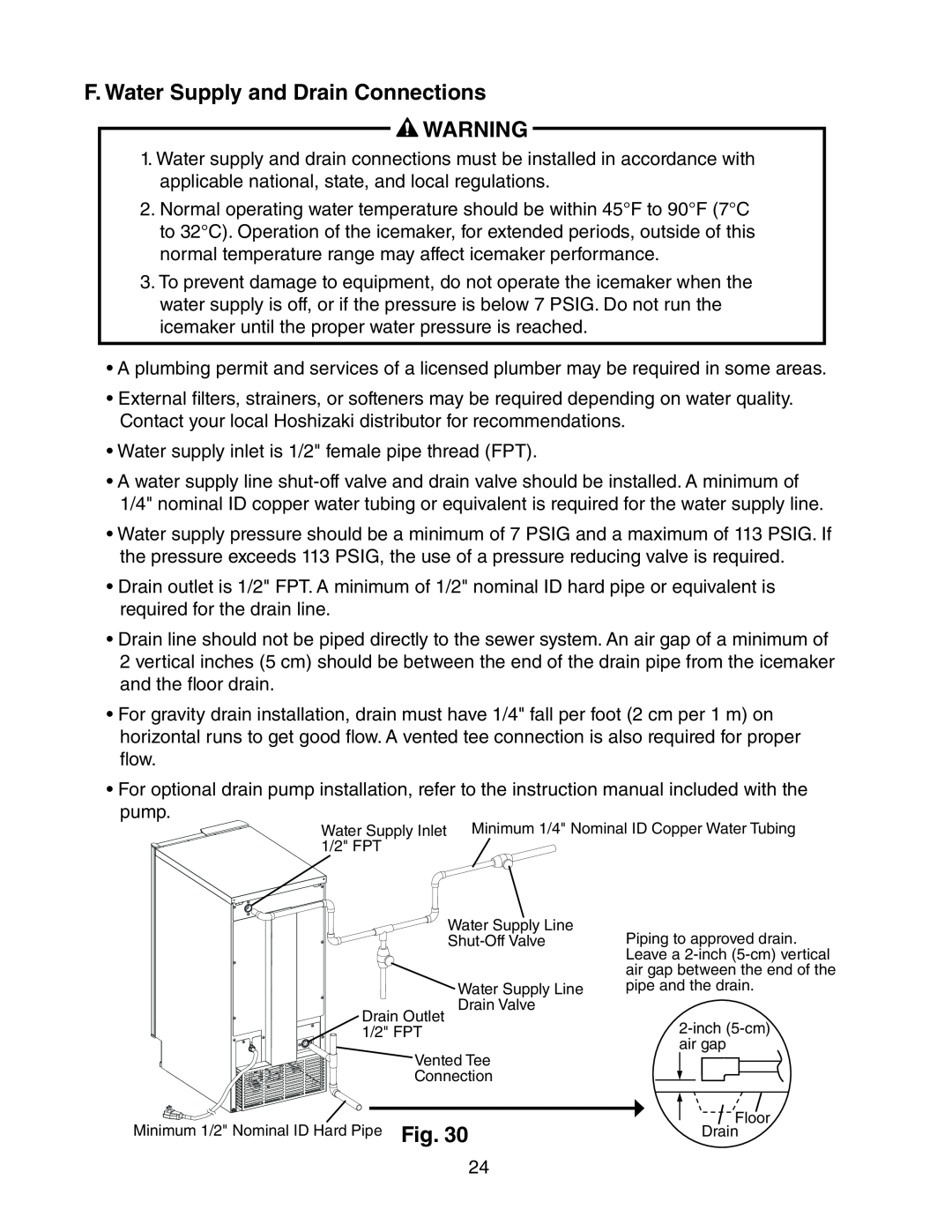 Hoshizaki C-100BAF-DS instruction manual F. Water Supply and Drain Connections 