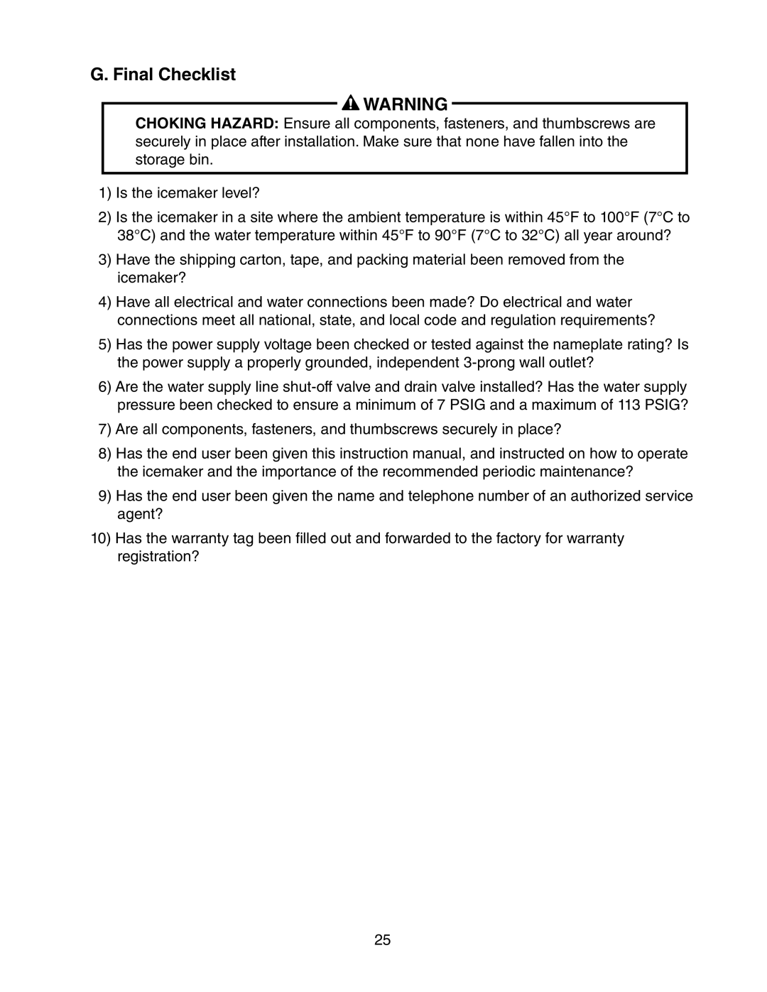 Hoshizaki C-100BAF-DS instruction manual G. Final Checklist 