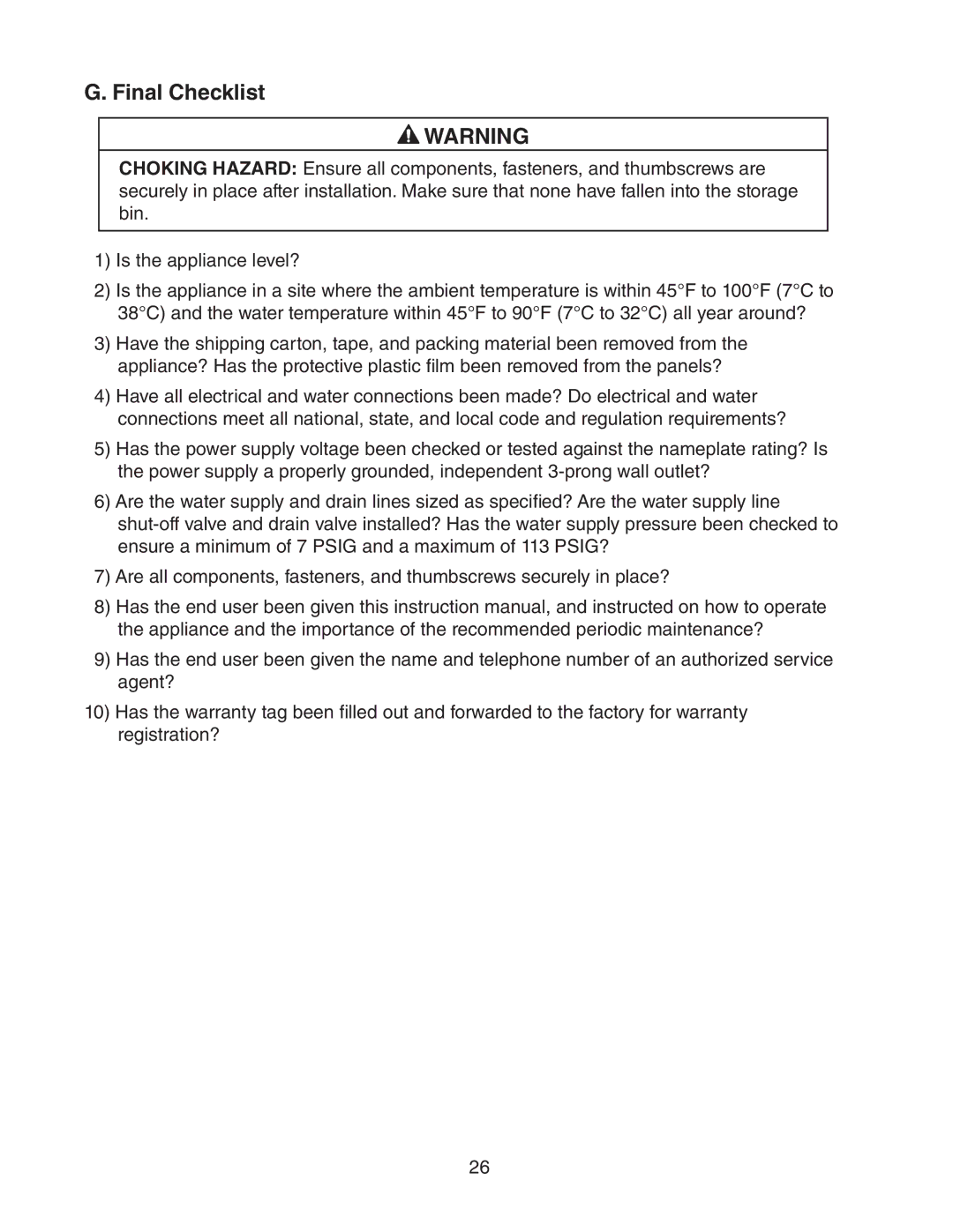 Hoshizaki C-101BAH-ADDS, C-101BAH-DS instruction manual Final Checklist 