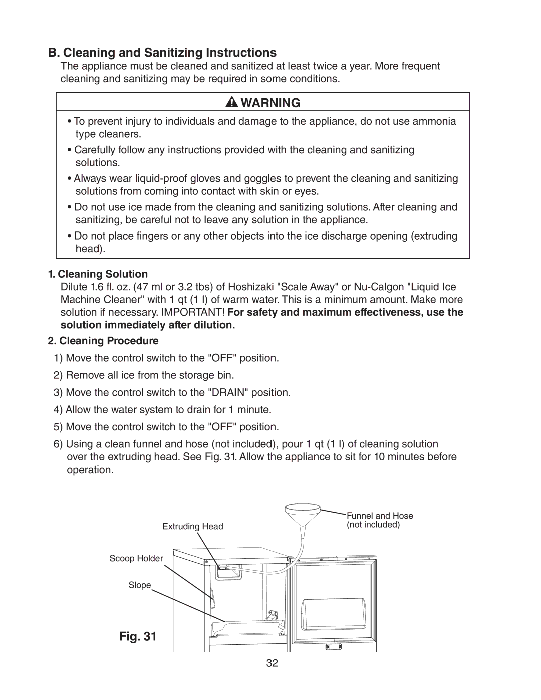 Hoshizaki C-101BAH-ADDS, C-101BAH-DS Cleaning and Sanitizing Instructions, Cleaning Solution, Cleaning Procedure 