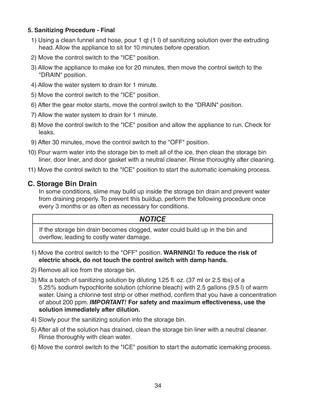 Hoshizaki C-101BAH-ADDS, C-101BAH-DS instruction manual Storage Bin Drain, Sanitizing Procedure Final 