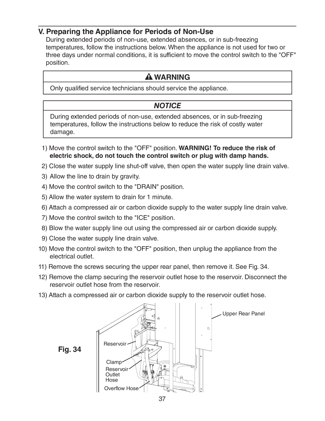 Hoshizaki C-101BAH-DS, C-101BAH-ADDS instruction manual Preparing the Appliance for Periods of Non-Use 