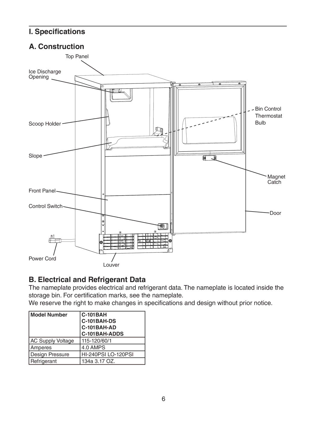 Hoshizaki C-101BAH-ADDS, C-101BAH-DS instruction manual Specifications Construction, Electrical and Refrigerant Data 