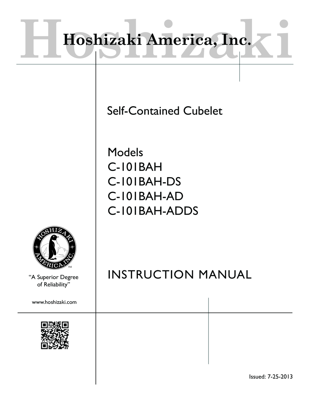 Hoshizaki C-101BAH-ADDS instruction manual Self-Contained Cubelet Models C-101BAH C-101BAH-DS C-101BAH-AD 