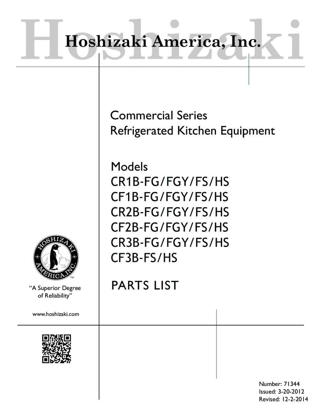 Hoshizaki CR1B-FG/FGY/FS/HS, CF3B-FS/HS, CF1B-FG/FGY/FS/HS. CR2B-FG/FGY/FS/HS manual Parts List 