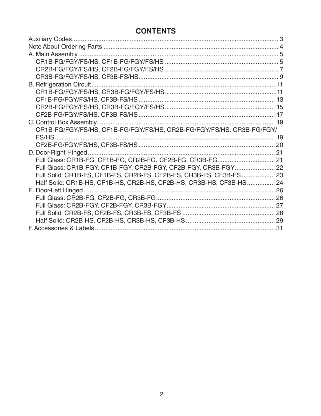 Hoshizaki CF3B-FS/HS, CR1B-FG/FGY/FS/HS, CF1B-FG/FGY/FS/HS. CR2B-FG/FGY/FS/HS manual Contents 