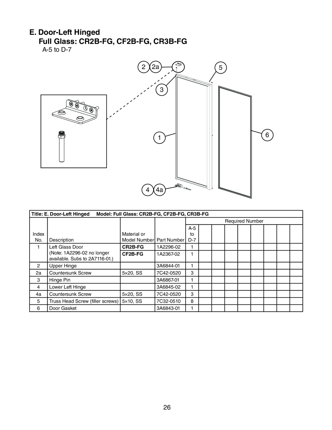 Hoshizaki CR2B-FG/FGY/FS/HS, CF3B-FS/HS, CR1B-FG/FGY/FS/HS manual Door-Left Hinged Full Glass CR2B-FG, CF2B-FG, CR3B-FG 